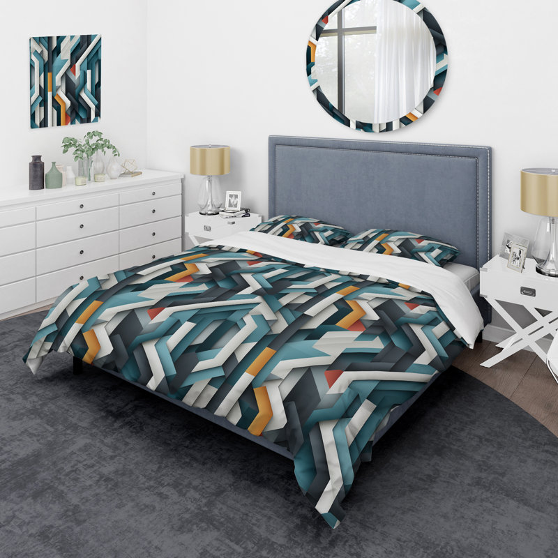 Blue Structured Chic Geometric Melody - Ensemble de housse de couette géométrique