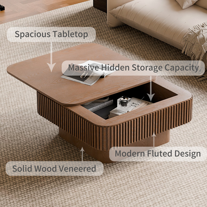 Modern Solid Wood Veneered Coffee Table With Storage For Indoor Spaces, Walnut