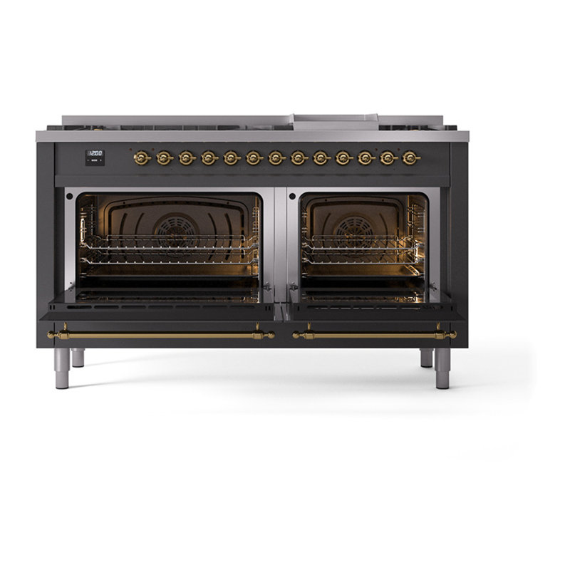 ILVE Nostalgie II Noblesse 60 in Dual Fuel Range, 9 Burner, Griddle, Natural Gas, Graphite Matte/Brass