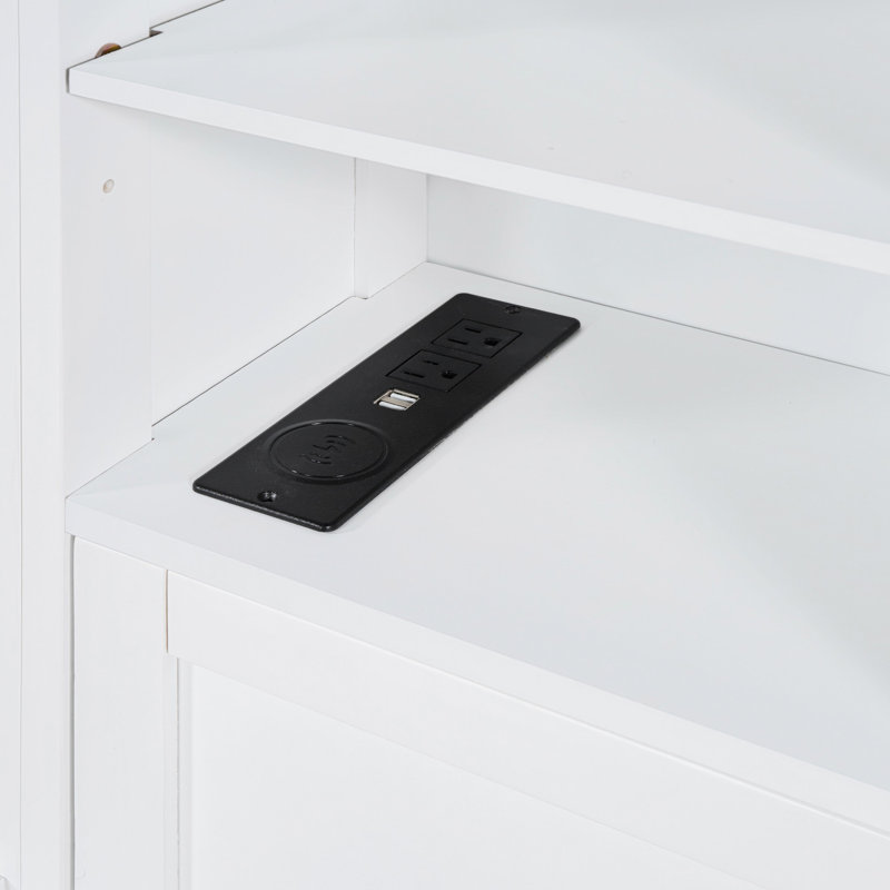 Grand lit avec amplement d'espace de rangement et prises de courant encastrées - 4 tablettes de rangement intégrées, Blanc