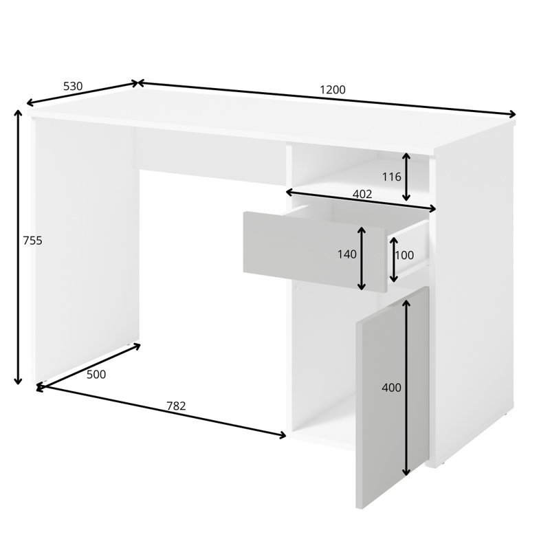 Raymen Desk with drawer and door: 120cm W x 75.5cm H x 53cm D., White