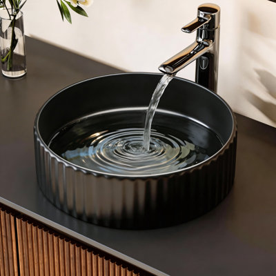 Lavabo de salle de bain vasque circulaire en céramique noire 14 po