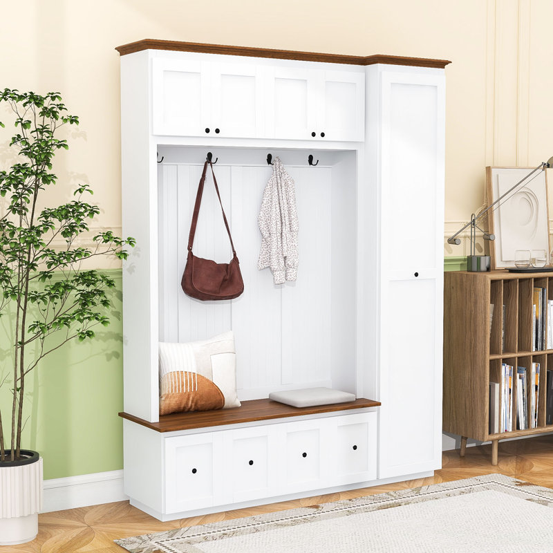 Multi-Functional Hall Tree with Cabinets, Storage Bench, Drawers and Hooks, White