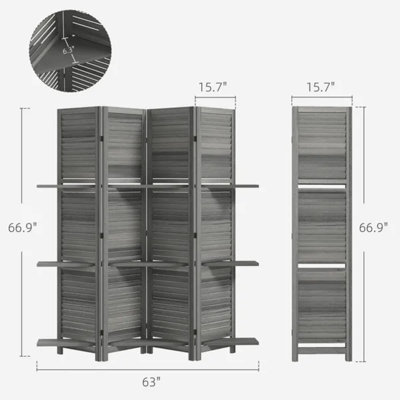 Paravent gris à 4 panneaux en bois de paulownia de 67 po avec tablettes