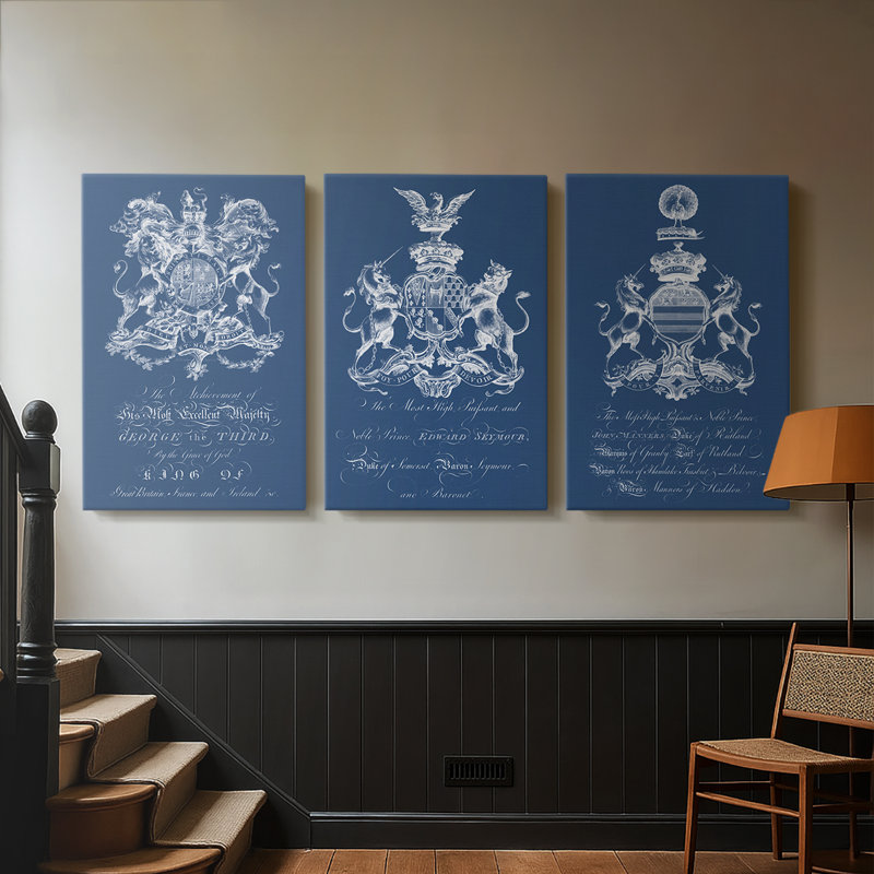 Heraldry on Navy I  -Custom Wrapped Gallery Canvas - 3 Pieces, 12" H x 24" W