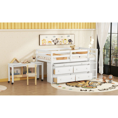White Twin Size Loft Bed With Portable Desk And Ample Storage Space Solid Wood In White, Retractable Plenty Of