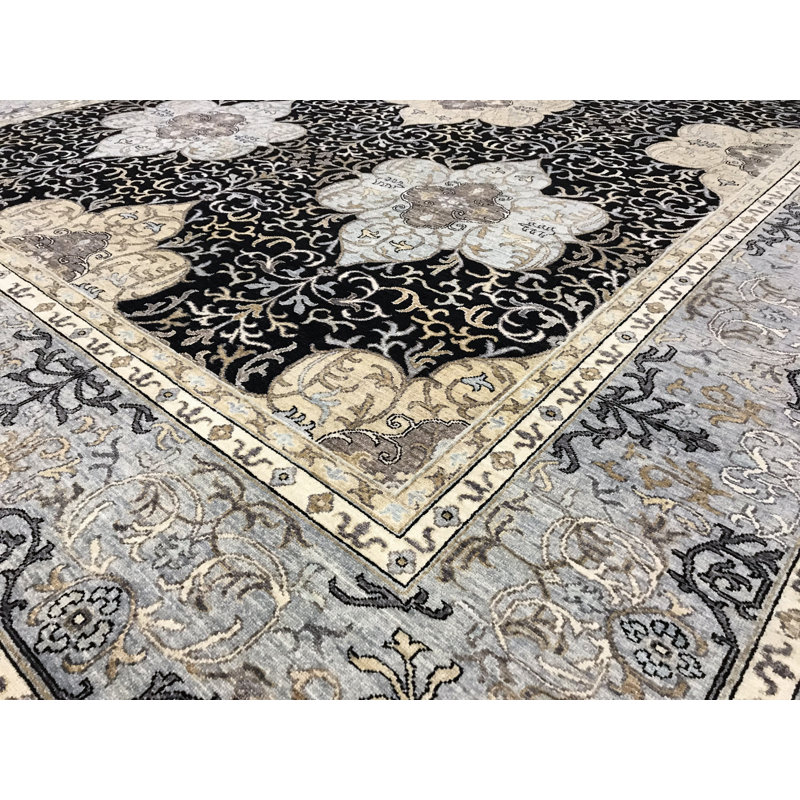 Tapis noir et gris de haute qualité noué à la main