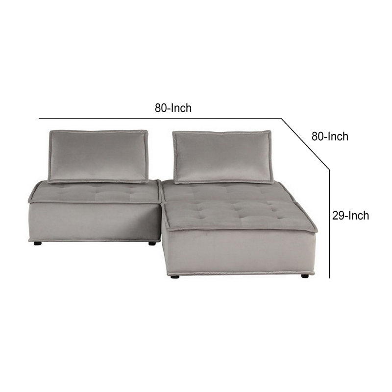Sebron Upholstered Sectional, Gray Velvet, 29" H x 80" W x 80" D
