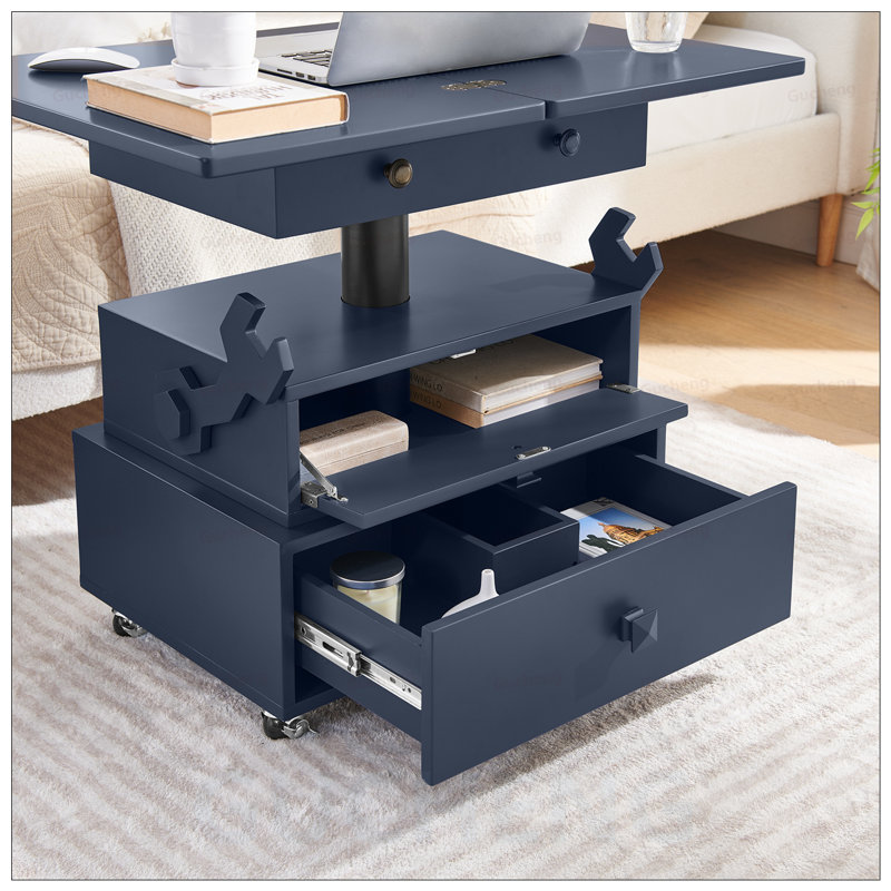 Table de bout roulante à hauteur ajustable laquée ultrabrillante avec station de charge et tiroirs de rangement pour une utilisation polyvalente