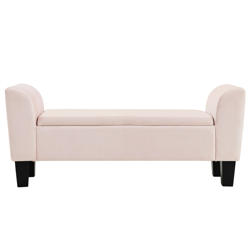 Banc de rangement en velours rose de 55 po avec pieds en bois massif - pour grand décor et siège en mousse