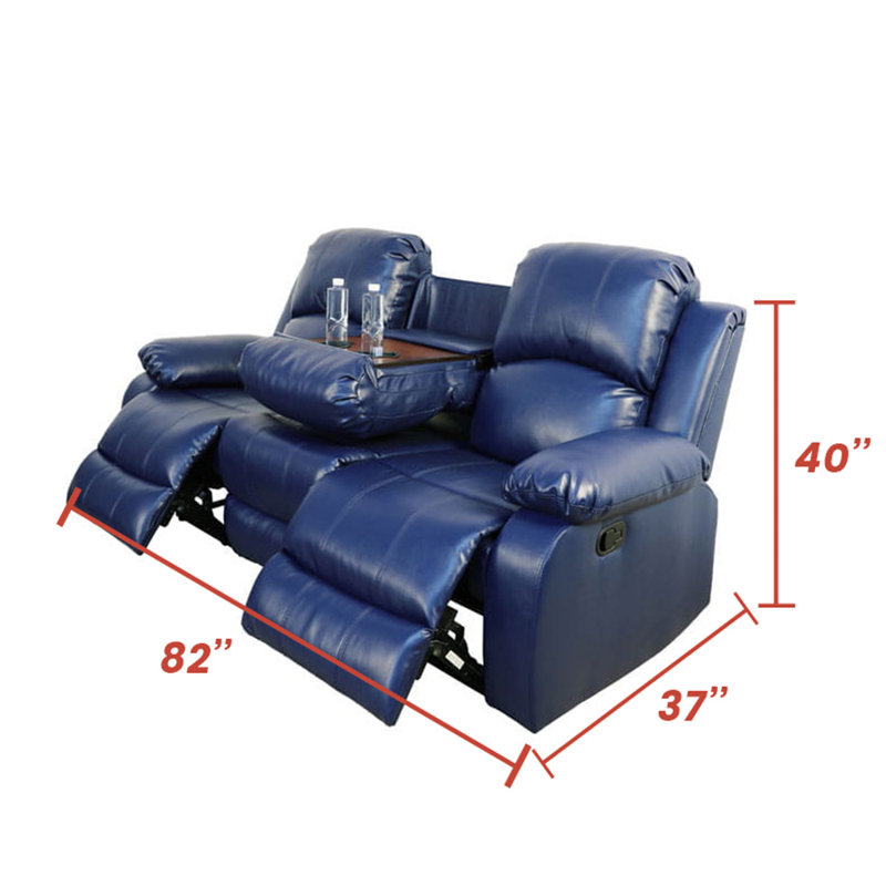 78.5'' Premium Vegan Leather Manual Reclining Sofa with Drop-down Table , Blue Faux Leather