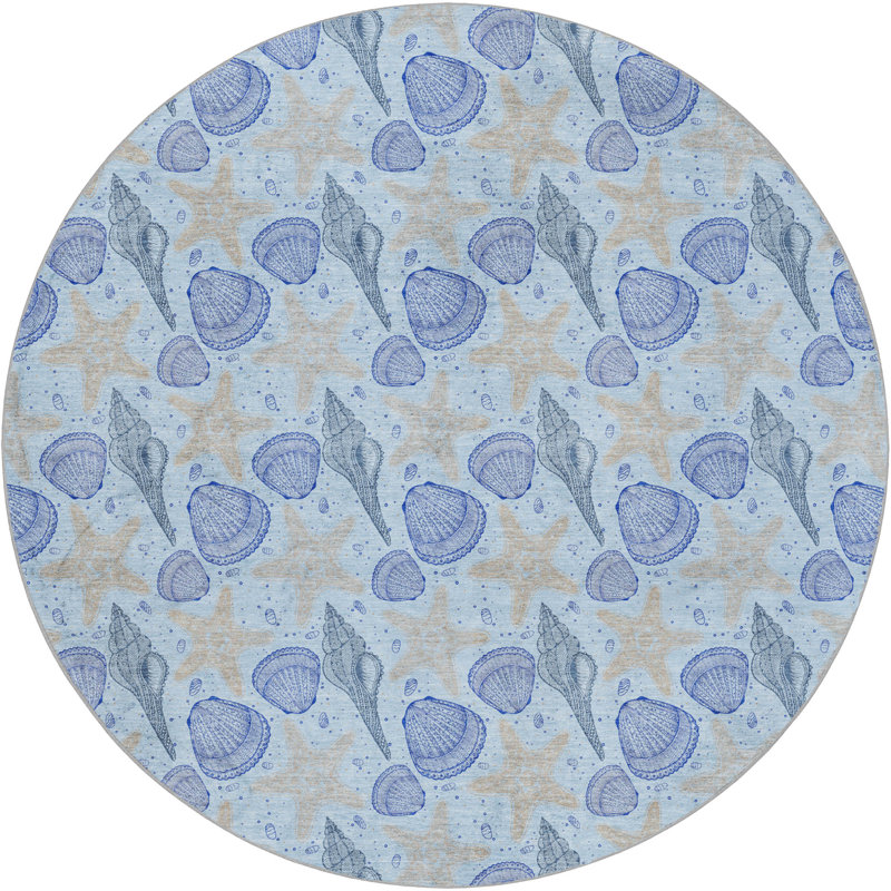 Premium Machine Washable Dream Shag ADS183 Shells Rug, Blue, 8' Round