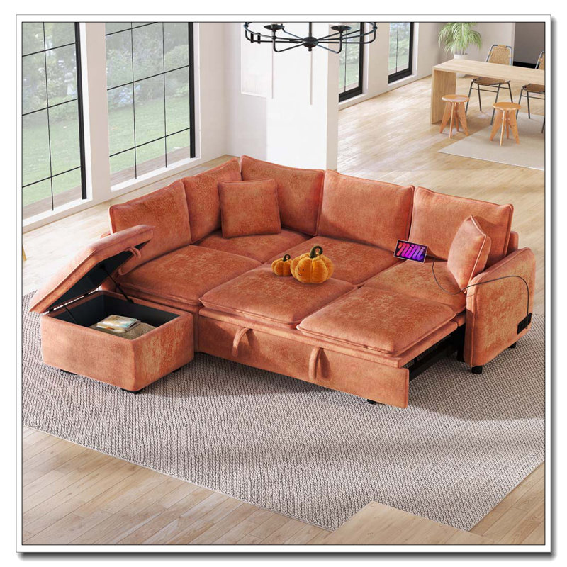 Canapé-lit modulaire de 82,67 po convertible en forme de L avec repose-pieds, deux coussins, deux prises de courant et deux ports USB pour le salon