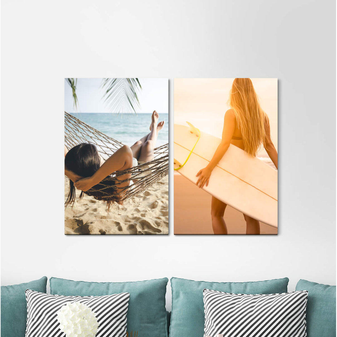 2-tlg. Leinwandbilder-Set - Fotografie „Holiday Hammock Dream Beach Surfboard Surfer Sun Relax”