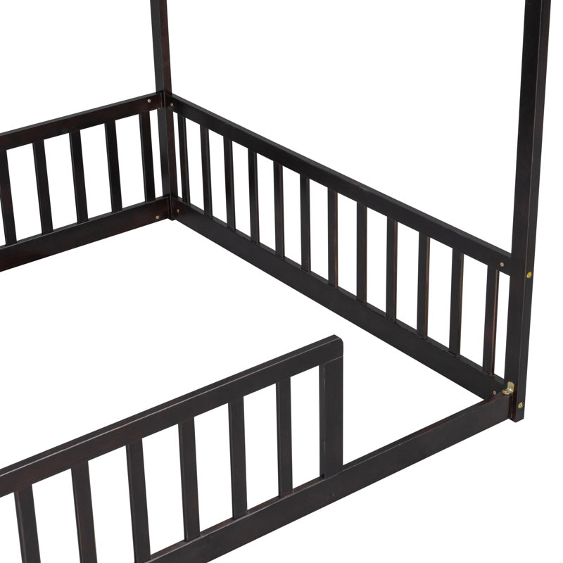 Lit double en bois massif avec structure de toit et garde-corps de sécurité, Full, Espresso