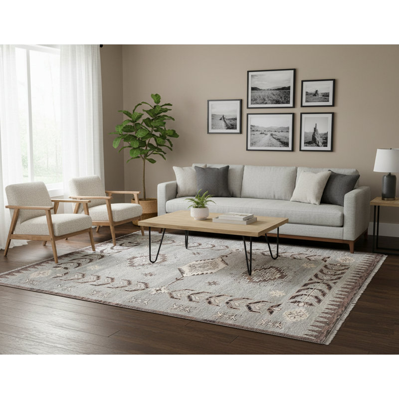 Hand-Knotted Grey & Brown Wool Area Rug – Southwestern Tribal Geometric Design, Rectangle 6' x 9'