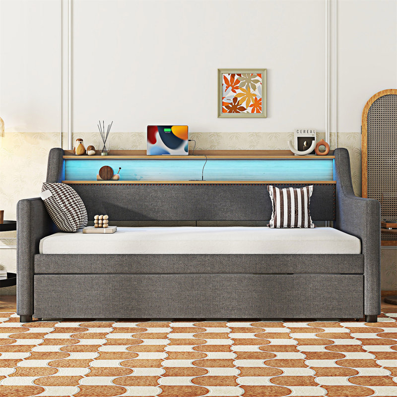 Upholstered Daybed With Trundle And Charging Station, Gray