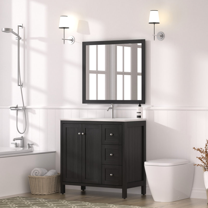 35.5" Bathroom Vanity, Black, Resin Basin, 3 Drawers, Soft Closing Slides, Splash, Plywood Material, Quick Setup Water- Surface, Easy