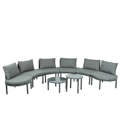 Mobilier de patio 8 pièces: canapé modulaire demi-lune avec 2 tables basses, pe, verre trempé, confort pour le jardin et la piscine en plein air, très bas, 6 coussins pour la cour