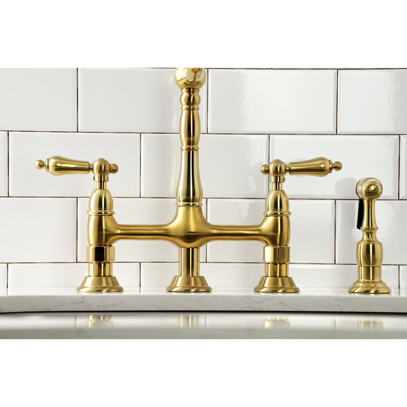 Kingston Brass Heritage Two-Handle 4-Hole Deck Mount Bridge Kitchen Faucet with Brass Side Sprayer, Satin Brass