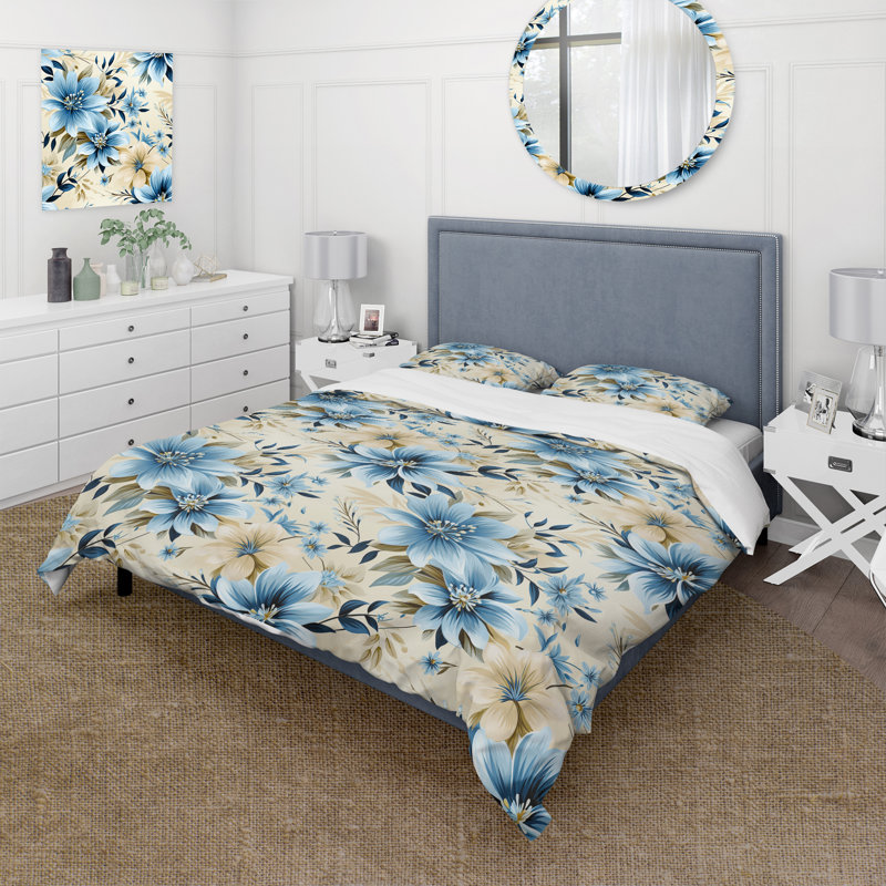 Literie harmonie fleurs bleues et blanches, Housse de couette pour très grand lit et 2 très