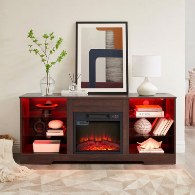 TV Stand For Tvs Up To 62" Electric Fireplace Glass Shelves, 3D Fireplace TV Stand With LED Lights Wood With USB Charging Outlet Modern Television Tab by Ivy Bronx