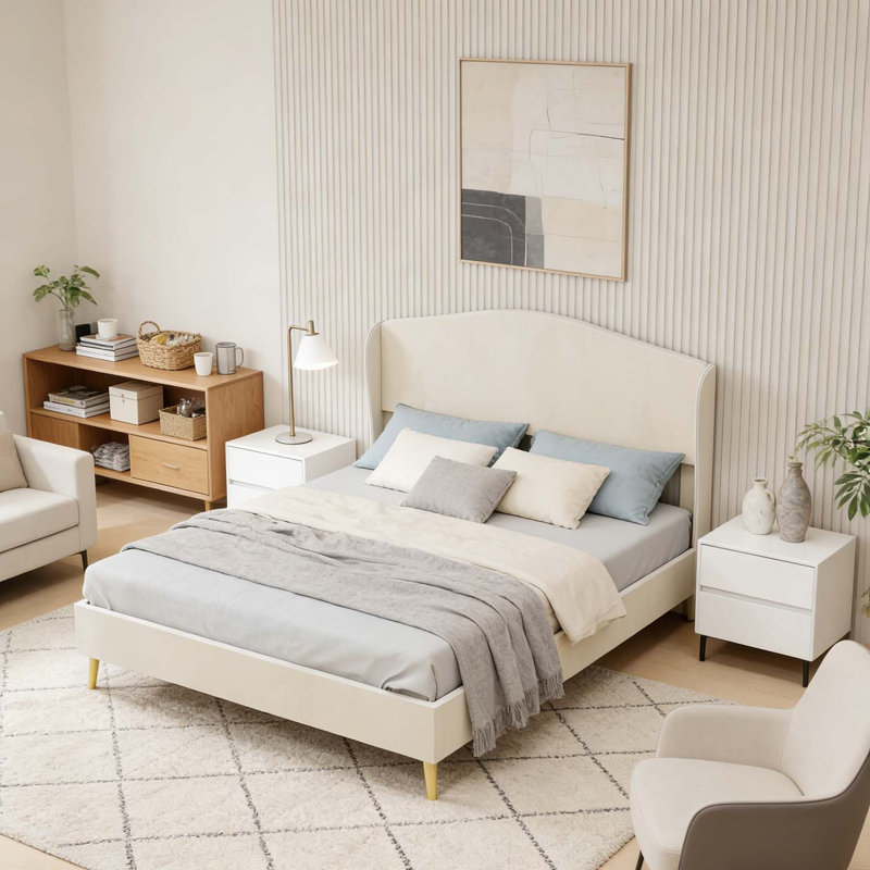 Lit rembourré avec structure robuste, pour chambre à coucher principale, Beige, Grand lit