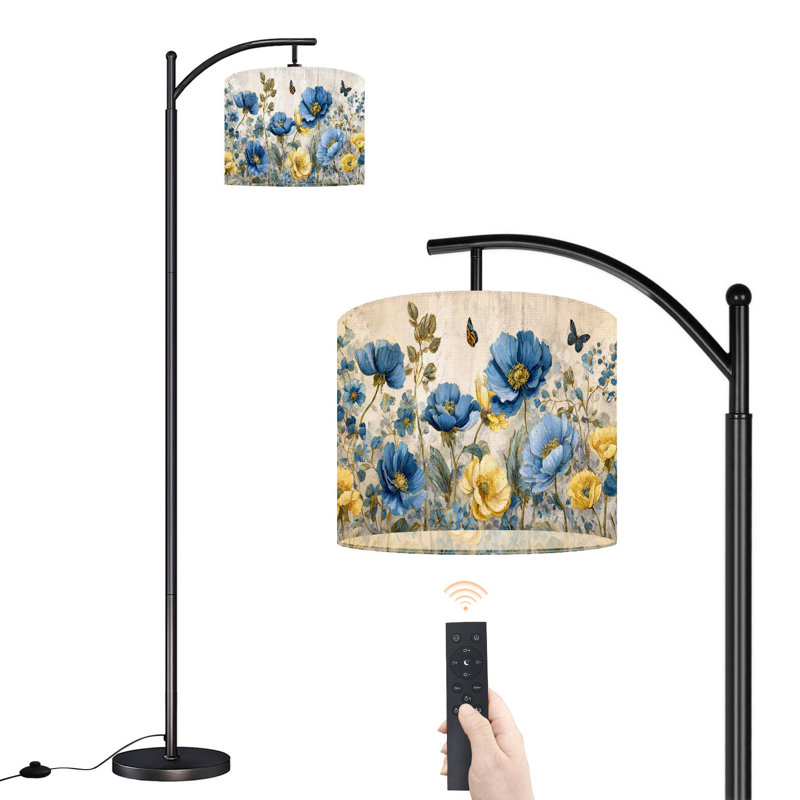 Arc Floor Lamp with Adjustable Lampshade Blue Yellow Floral Rustic Wildflower Green Leaf Butterfly Spring Standing Lamp 3 Color Temperatures Dimmable Tall Pole Lamp with Foot Switch for Bedroom