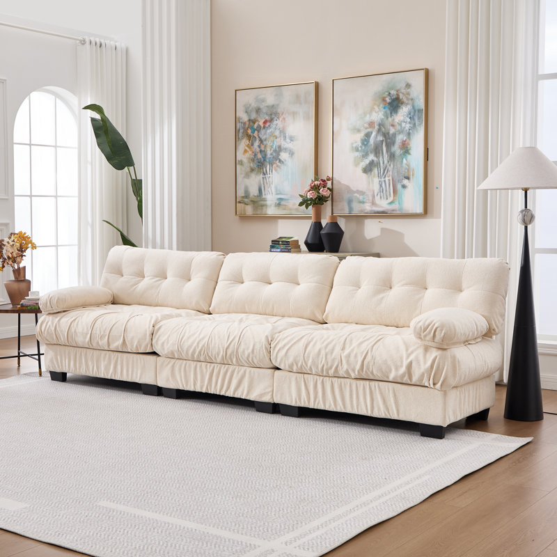 Canapé d'angle modulaire infonuagique, moderne et profond, pour le salon ; flanelle confortable et de première qualité pour la chambre ; dimensions généreuses (123 x 35 x 35 pouces) ; 5 coussins décoratifs inclus ; ensemble de 3 pièces en bois massif beige en forme de L ; modulable.