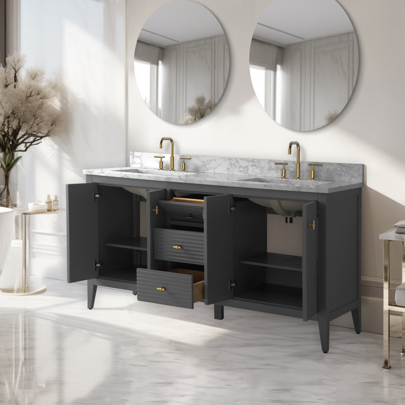 Ensemble de meuble-lavabo double 60 po, Doré brossé, Gris cachemire linéaire