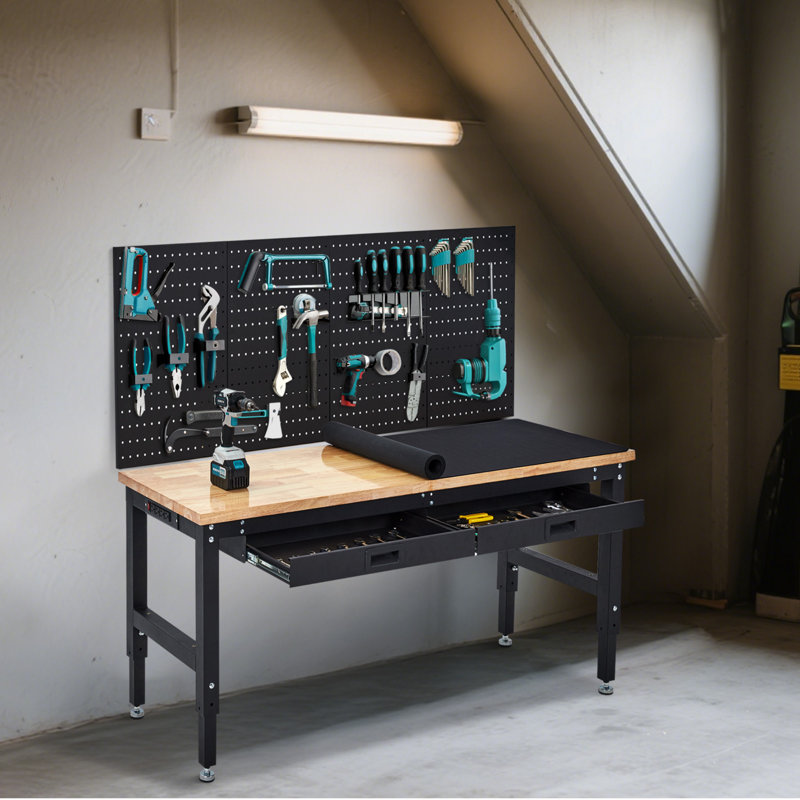 Établi 60 po x 22 po avec tiroirs, table de travail ajustable robuste avec grand panneau perforé et prise de courant