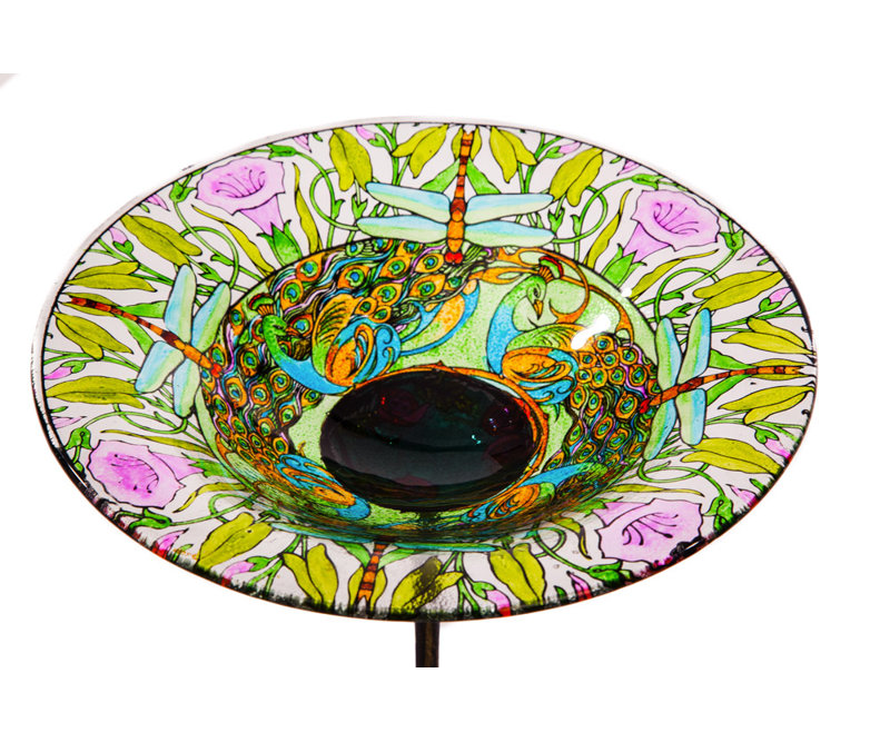 Bain d'oiseaux en verre Lahziri, Rose / Vert, l 10 po x P 10 po