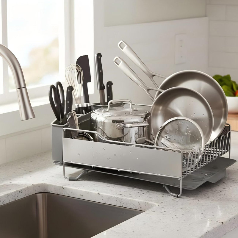 Large Capacity Full Size Rust Resistant Dish Rack with Angled Drain Board and Removable Flatware Caddy, Light Grey