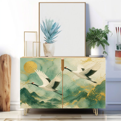 Buffet étroit de 35,4 po de largeur - armoire de rangement décorative à 2 portes avec impression de grues élégantes et pieds en métal