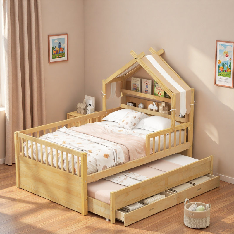 Lit maison avec lit gigogne, tablettes de tête de lit et tiroirs de rangement, Lit simple, Naturel