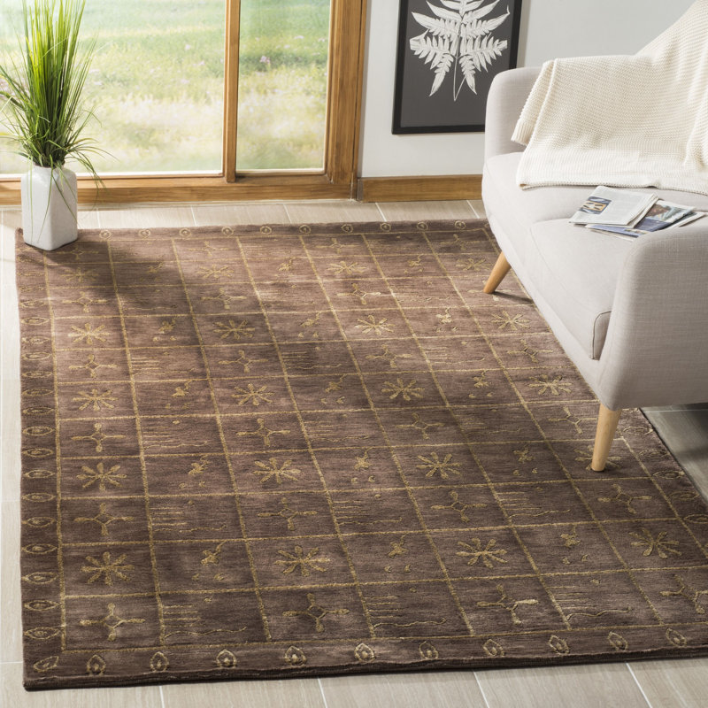 Tibetan Plum Pictogram Brown Area Rug, Rectangle 4' x 6'