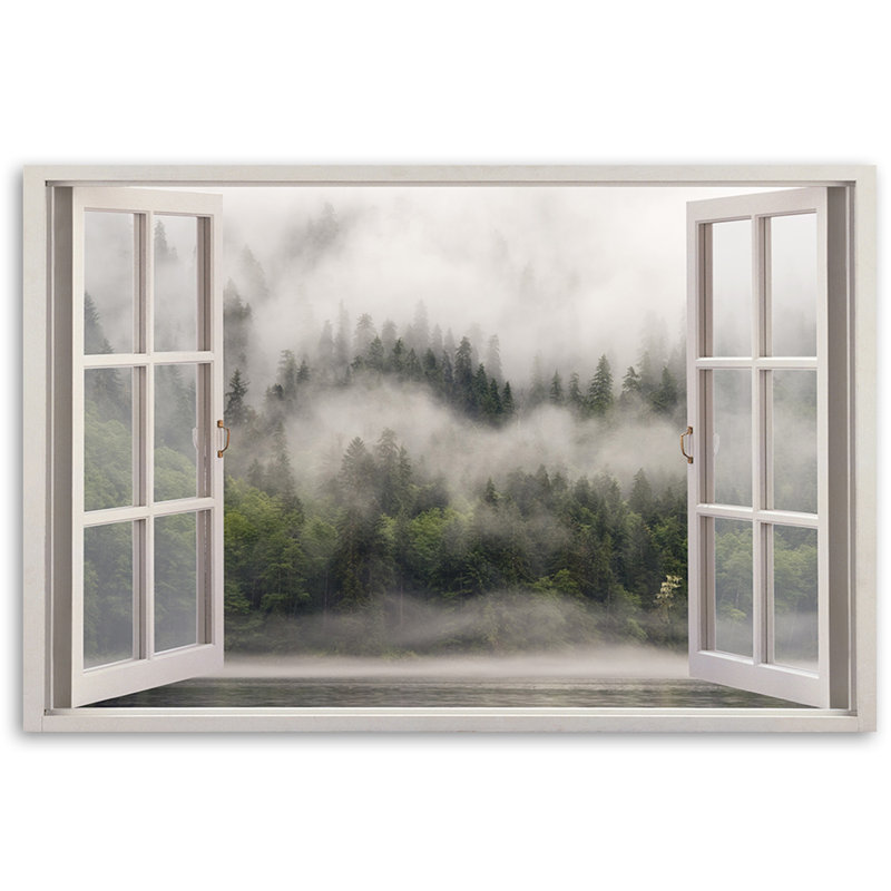 Window View Of A Forest In A Misty Lake - No Frame Print on Canvas