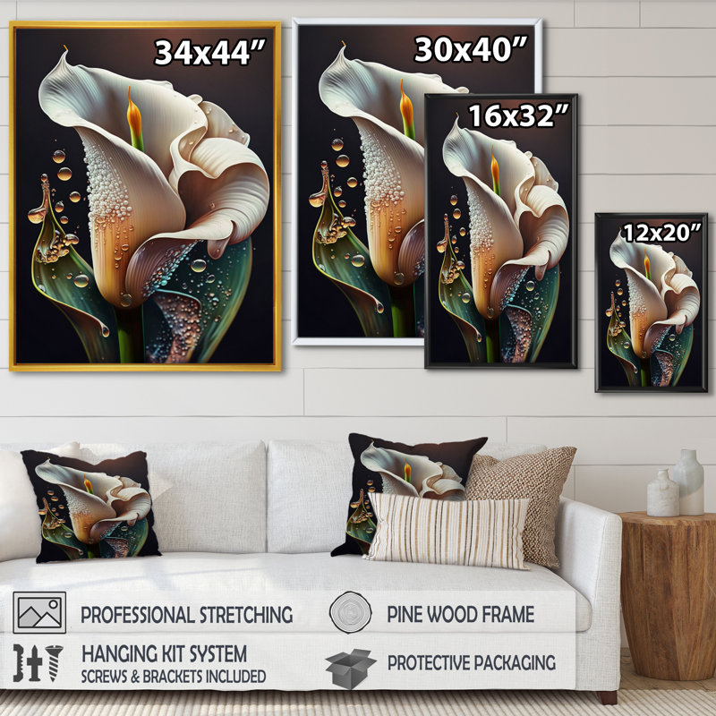 Fleur de lys Calla Gren et blanc II - art mural Lily, H 20 po x l 12 po x P 1 po, Cadre flottant doré