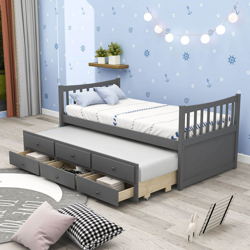 Badi Kids Twin Platform with Trundle with Drawers, Gray