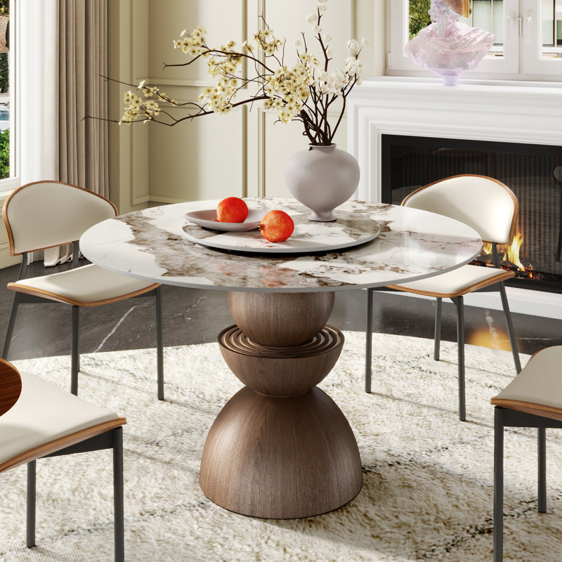 Table de salle à manger moderne en pierre ronde avec plateau tournant, Pandora, H 29,53 po x l 47,24 po x P 47,24 po