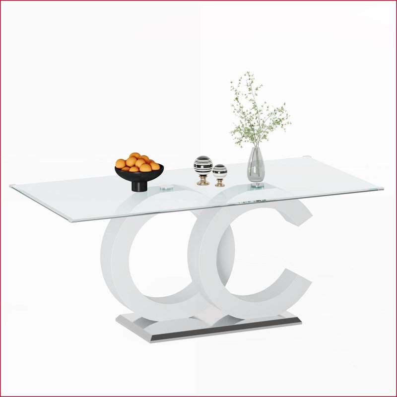 Tables de salle à manger | Mesa de Comedor | Verre trempé moderne, support en panneau de fibres à densité moyenne blanc cassé, base argent chromé pour petits espaces | Panneau de fibres à densité moyenne