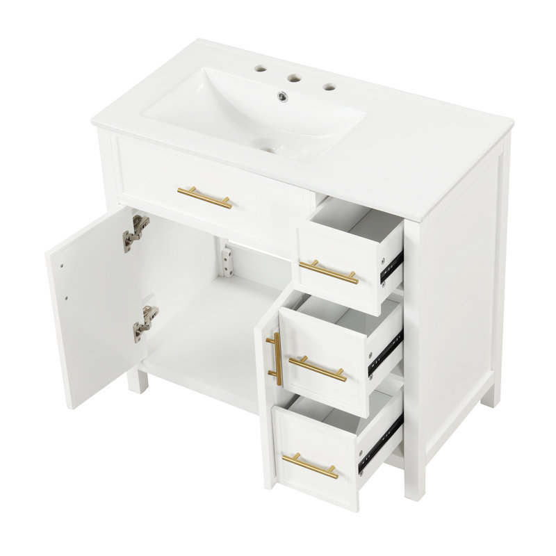 Meuble-lavabo 36 po avec comptoir, meuble-lavabo avec deux portes et trois tiroirs, bois massif, panneaux de fibres à densité moyenne, un paquet, blanc
