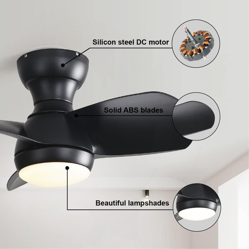 Ventilateur de plafond de chambre à coucher de 23 pouces avec 3 pales en ABS et moteur à courant continu à télécommande noir avec lumière DEL de 18 W