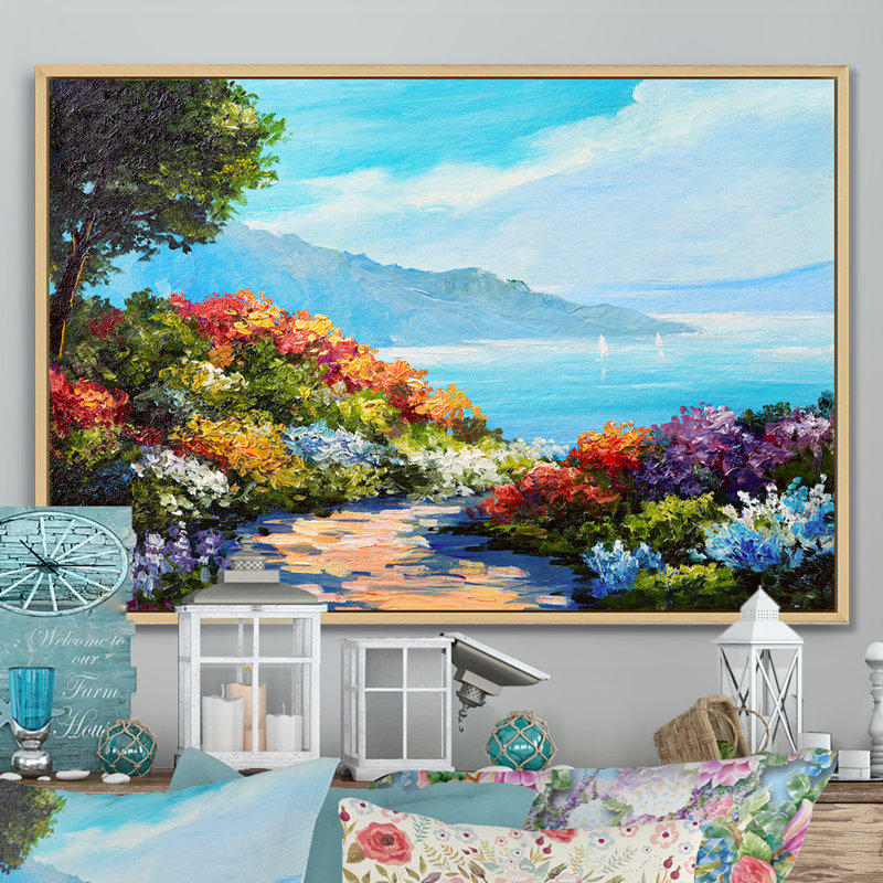 Fleurs colorées dans un paysage côtier - reproduction d'art sur toile, H 24 po x l 36 po x P 1 po