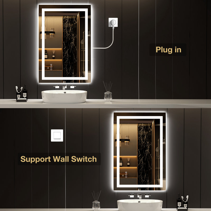 Rectangular Frameless Anti-Fog LED Light Wall Bathroom Vanity Mirror, 24" x 32"