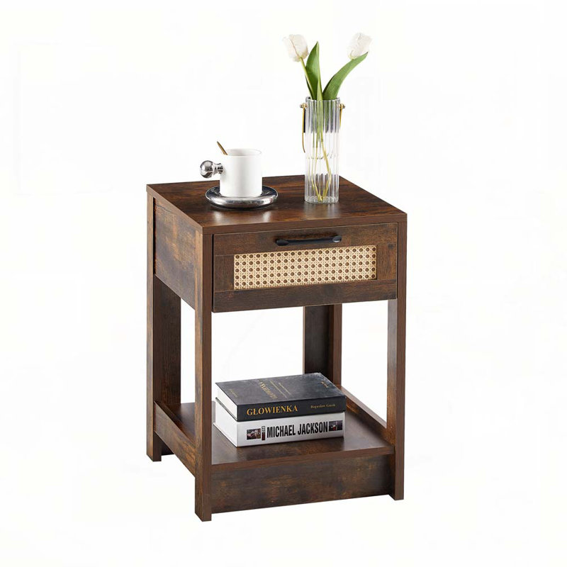 Rattan End table with drawer, Rustic Brown