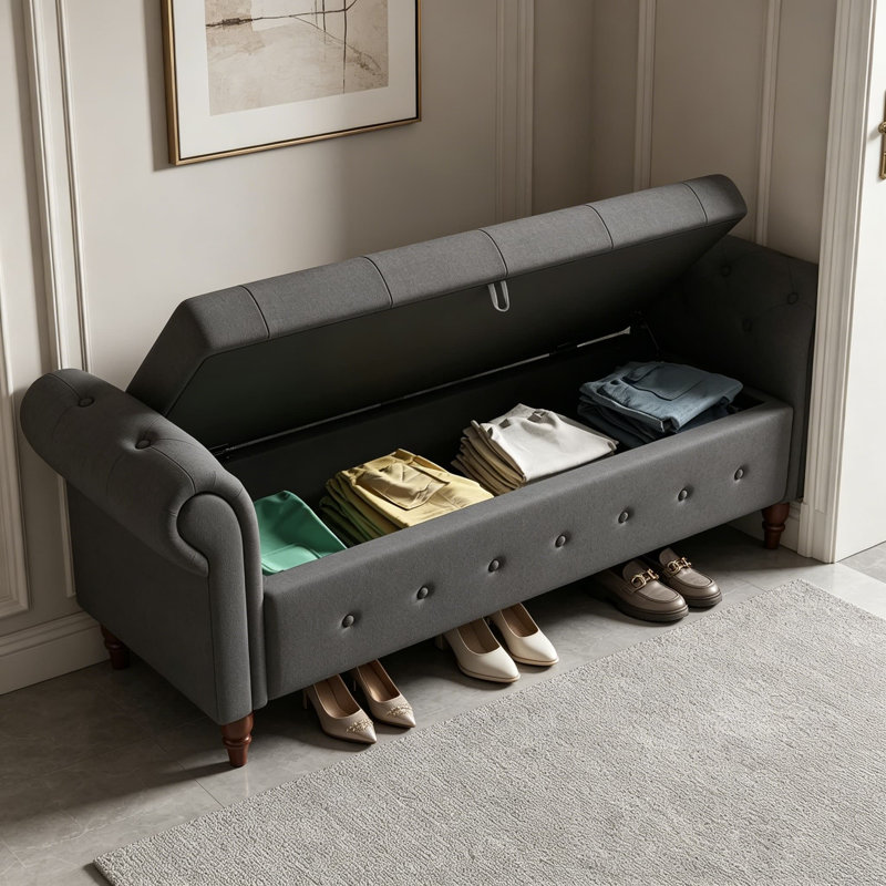 Banc de rangement rembourré pour chambre à coucher, banc de lit de 63 po au pied du lit avec structure en bois massif, accoudoirs roulés, bouton capitonné, coutures en losange, gris foncé