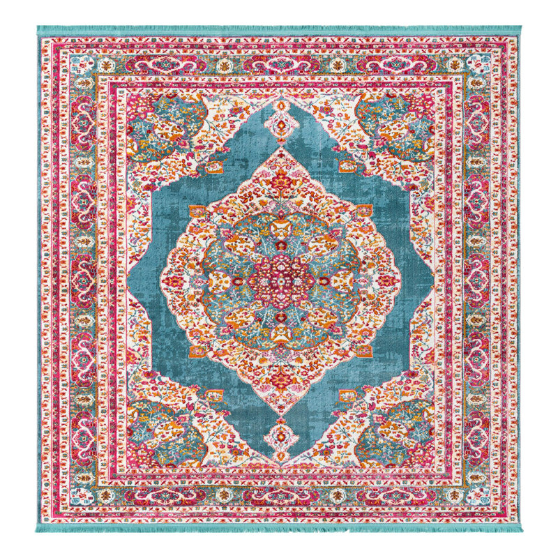 Tapis à motif oriental turquoise Folmar, Carré 8 pi