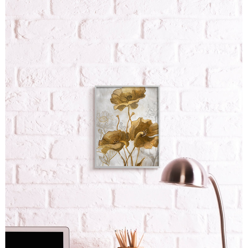 Champ de fleurs abstrait coquelicots argent et or, H 14 po x l 11 po, Giclée encadrée noir minuit