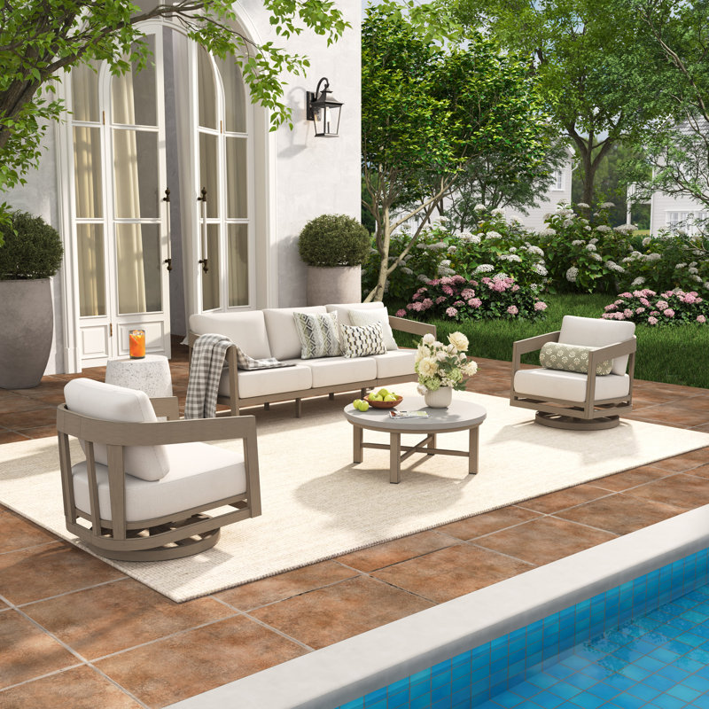 Harmonti  Patio Aluminum 5 Person Swivel Conversation Set With Concrete Table, 4 Pcs: Table, Sofa, 2 Swivel Chairs